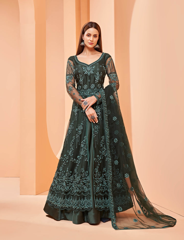 Designer Anarkali | Sequins & Floral Print | Full Sleeve Sweetheart Neck