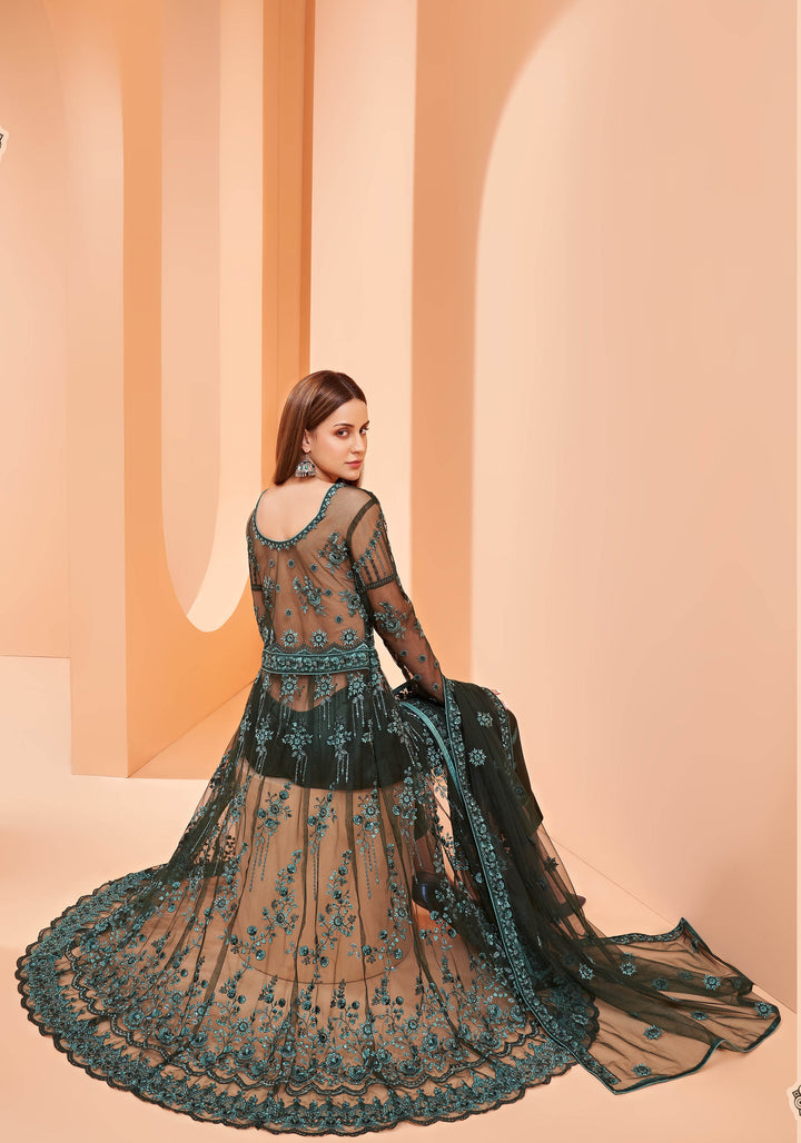 Designer Anarkali | Sequins & Floral Print | Full Sleeve Sweetheart Neck