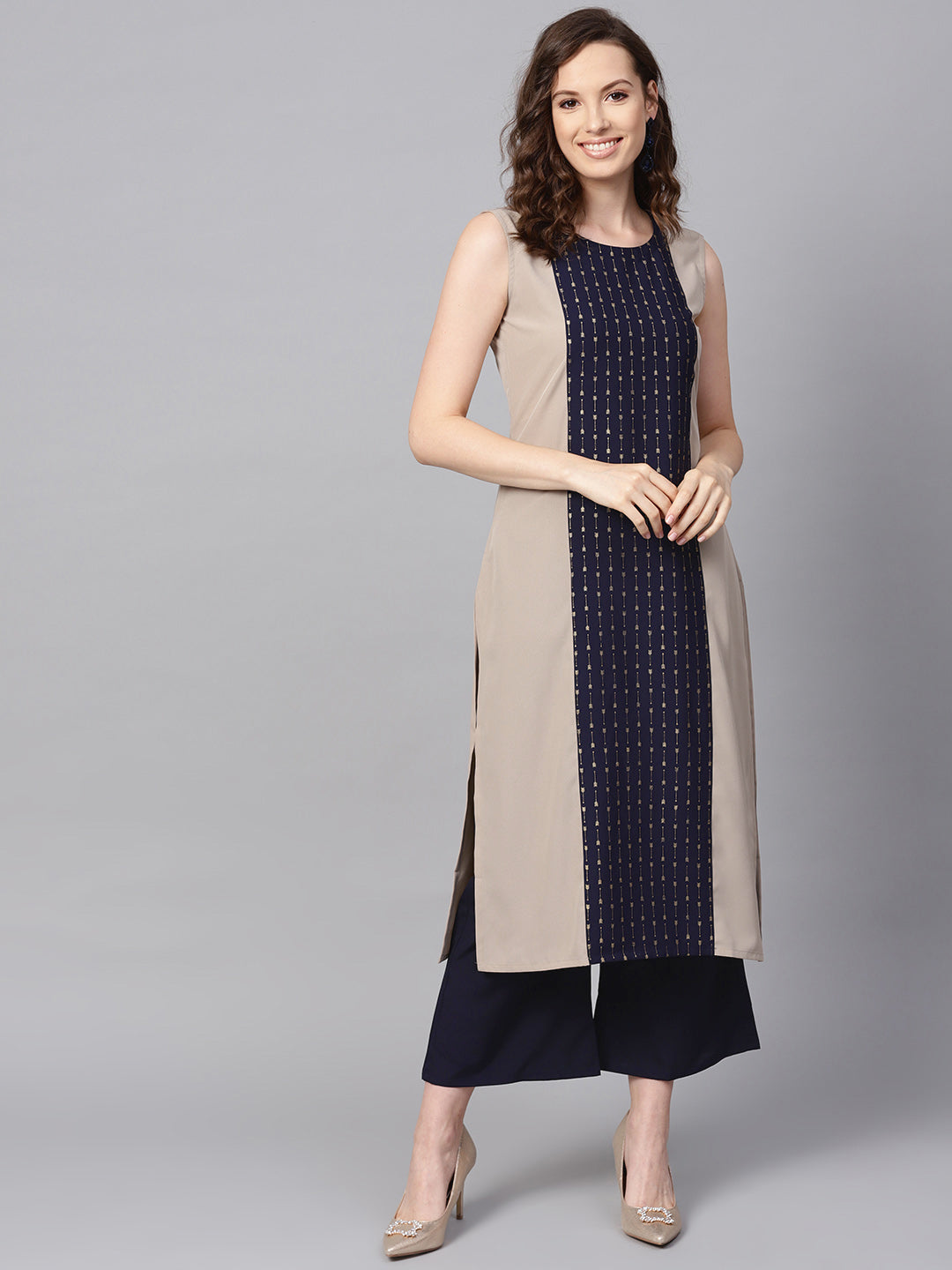 Stylish Navy Blue Kurti | Elegant Crepe with Floral Foil Prints