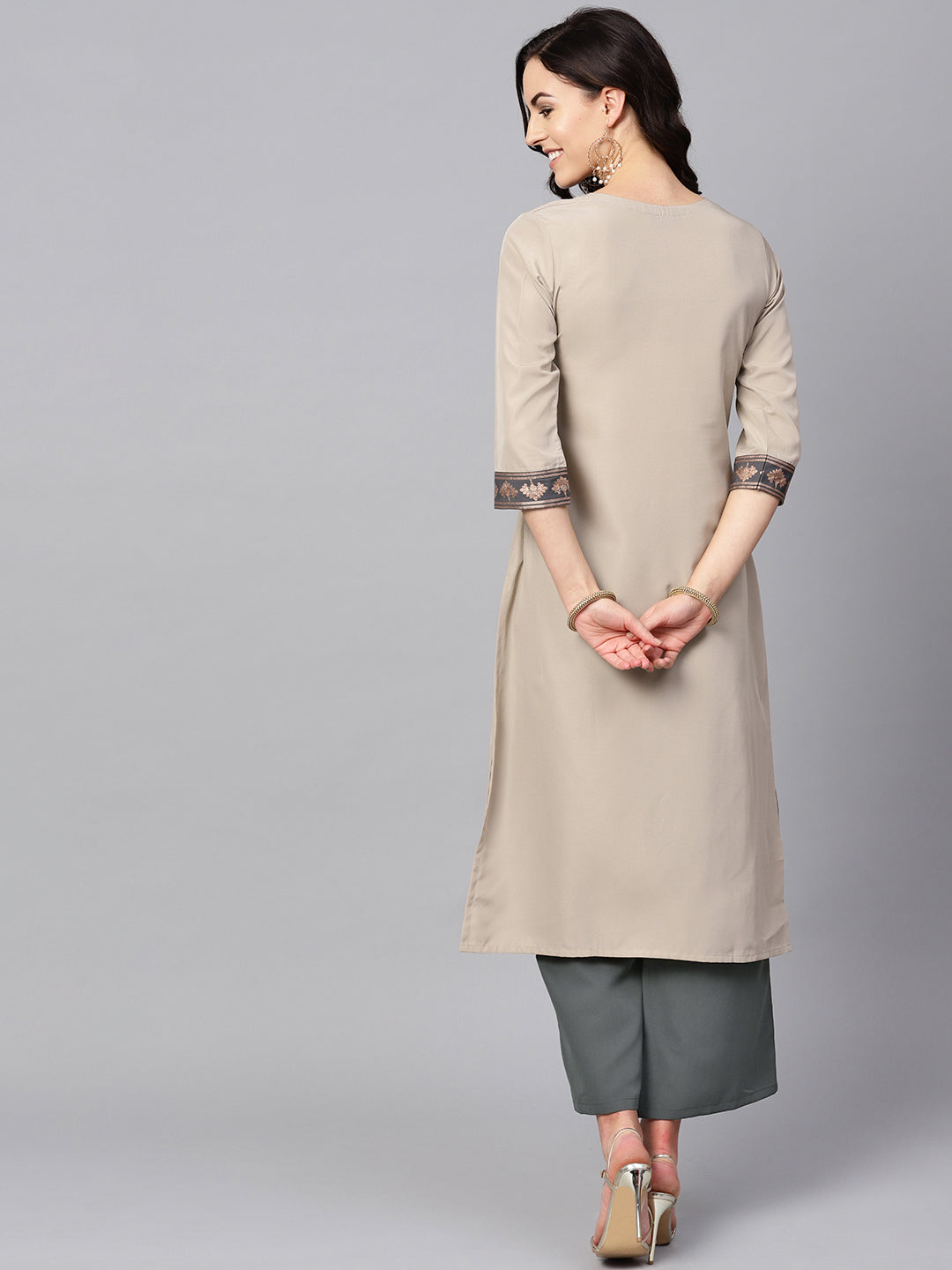 Stylish Beige Kurti | Elegant Crepe with Floral and Solid Design