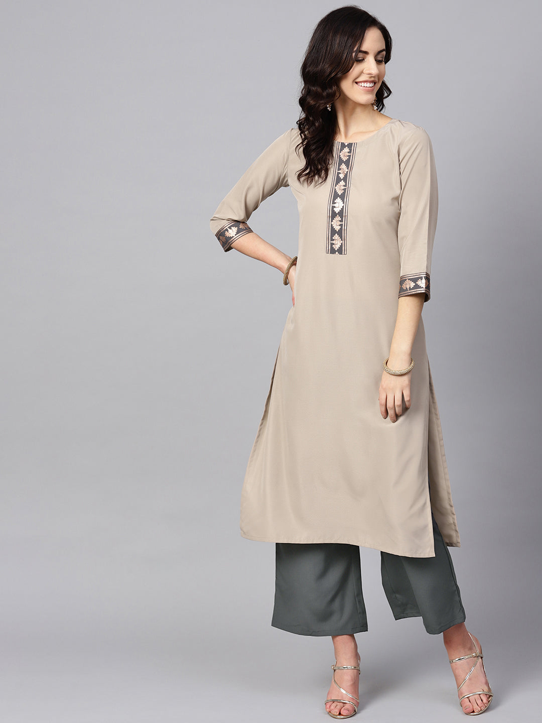 Stylish Beige Kurti | Elegant Crepe with Floral and Solid Design