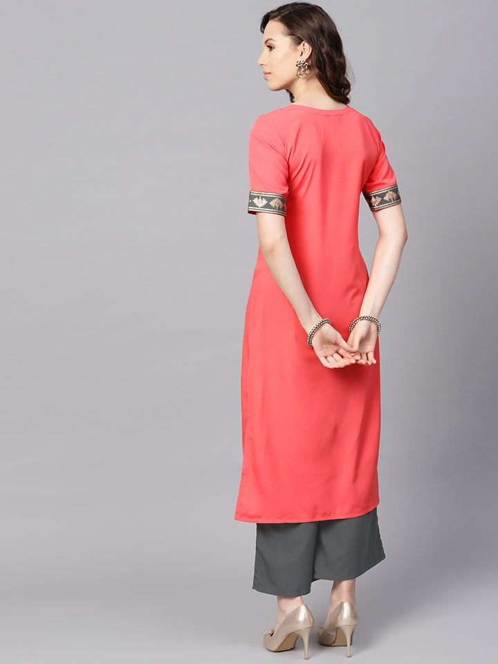 Stylish Peach Kurti | Elegant Crepe with Floral and Solid Design