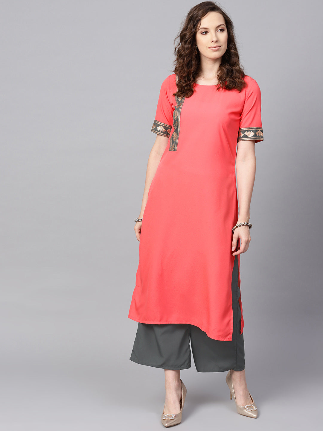 Stylish Peach Kurti | Elegant Crepe with Floral and Solid Design