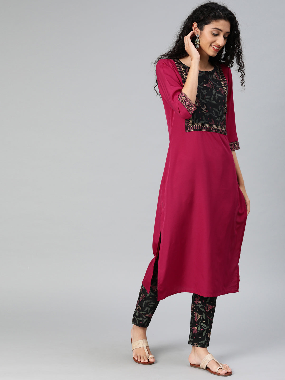 Stylish Pink Kurti | Elegant Crepe with Floral and Solid Design