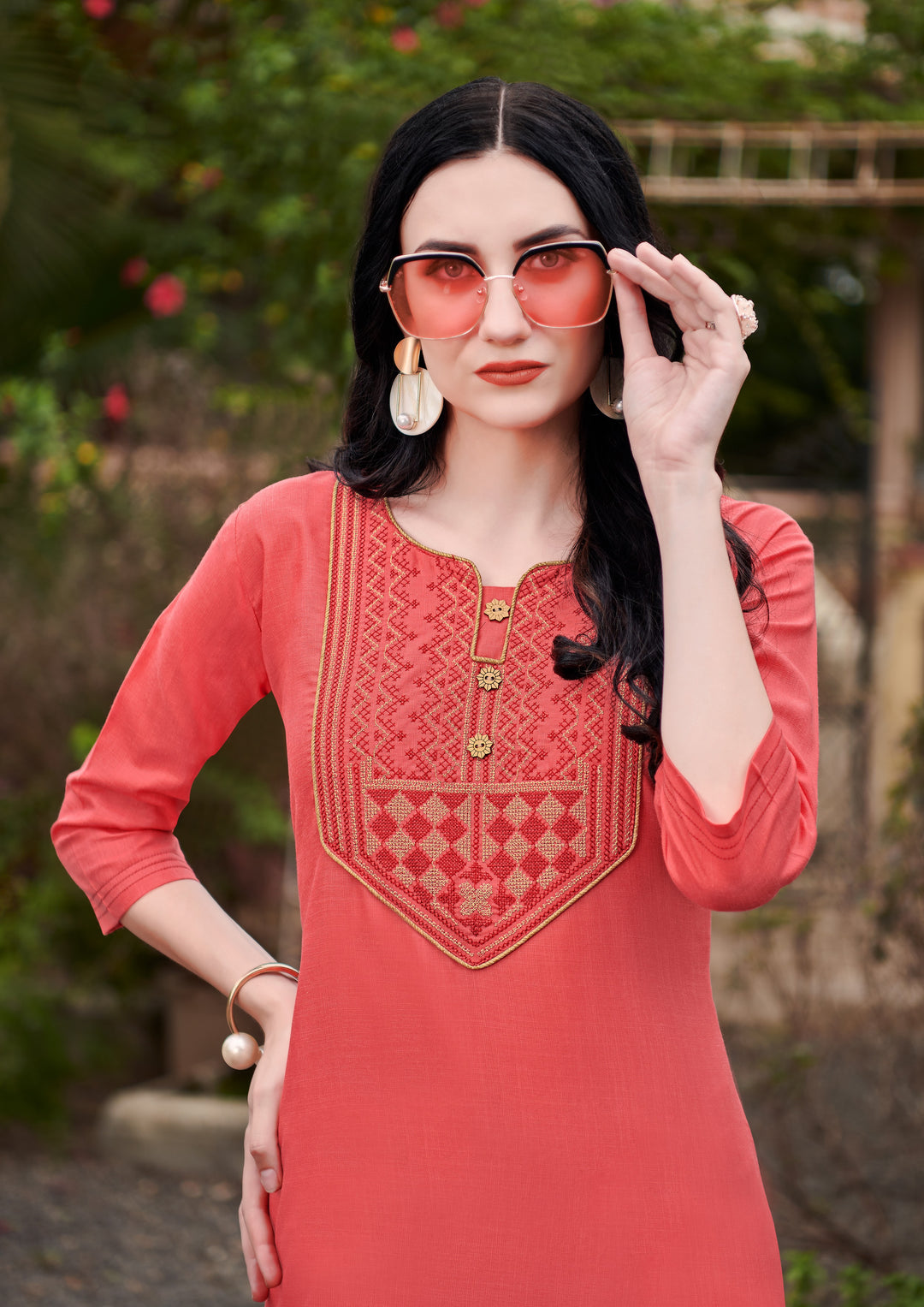 Coral Pink Embroidered Kurti in Nira Cotton | Perfect for Special Occasions