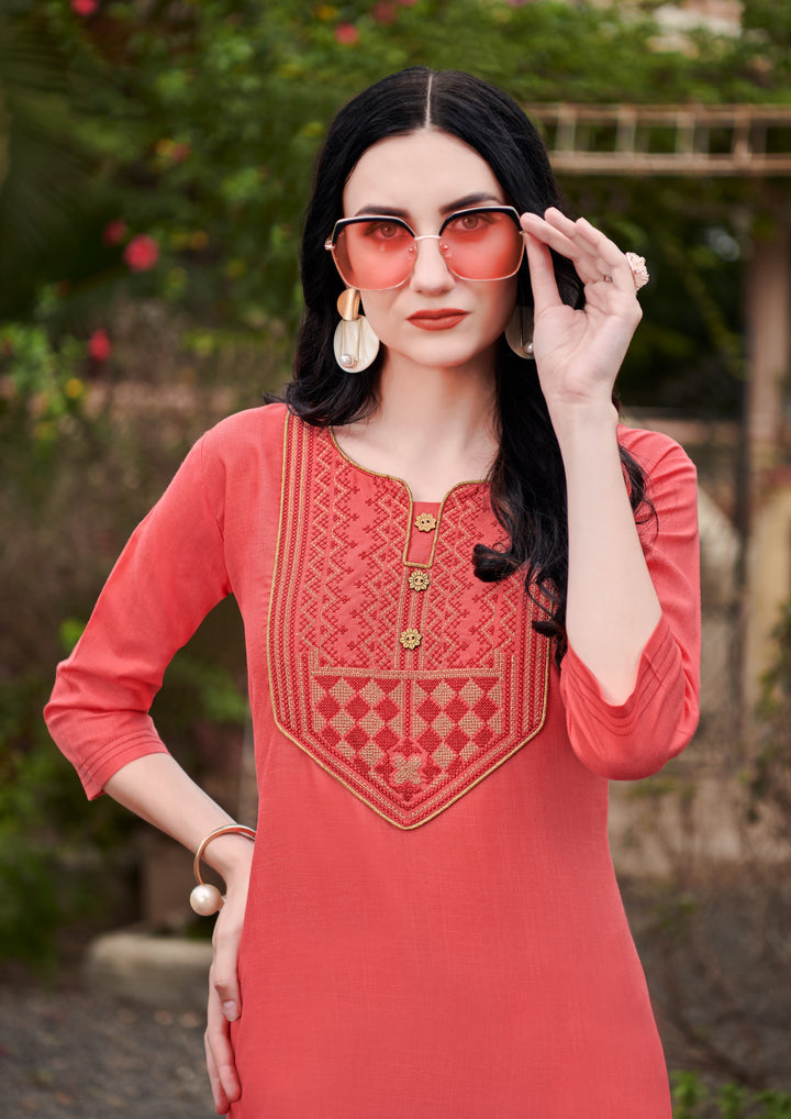 Coral Pink Embroidered Kurti in Nira Cotton | Perfect for Special Occasions