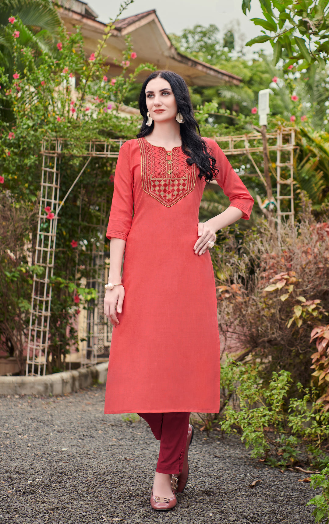 Coral Pink Embroidered Kurti in Nira Cotton | Perfect for Special Occasions