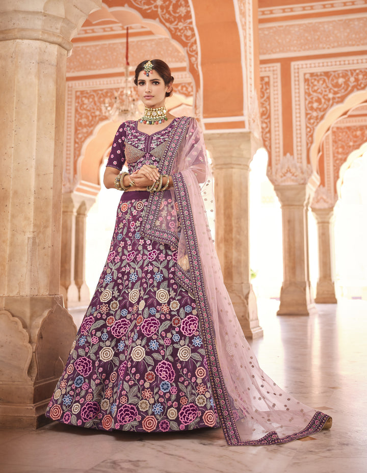 Thread-Work Crepe Lehenga | Embroidered Bridal Wear for Weddings & Parties