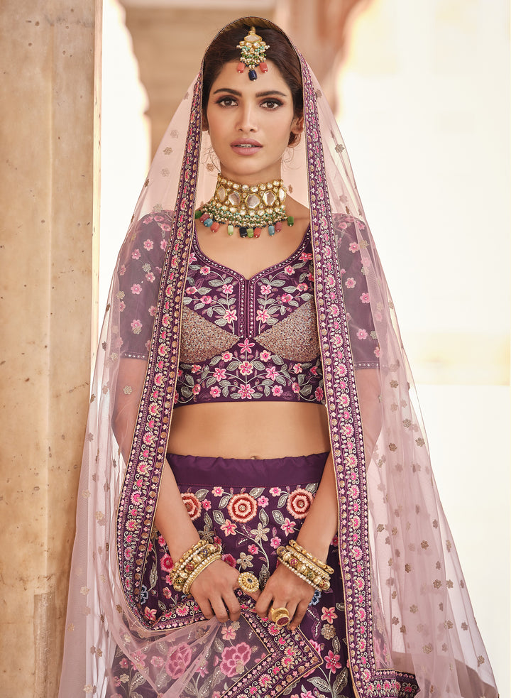 Thread-Work Crepe Lehenga | Embroidered Bridal Wear for Weddings & Parties