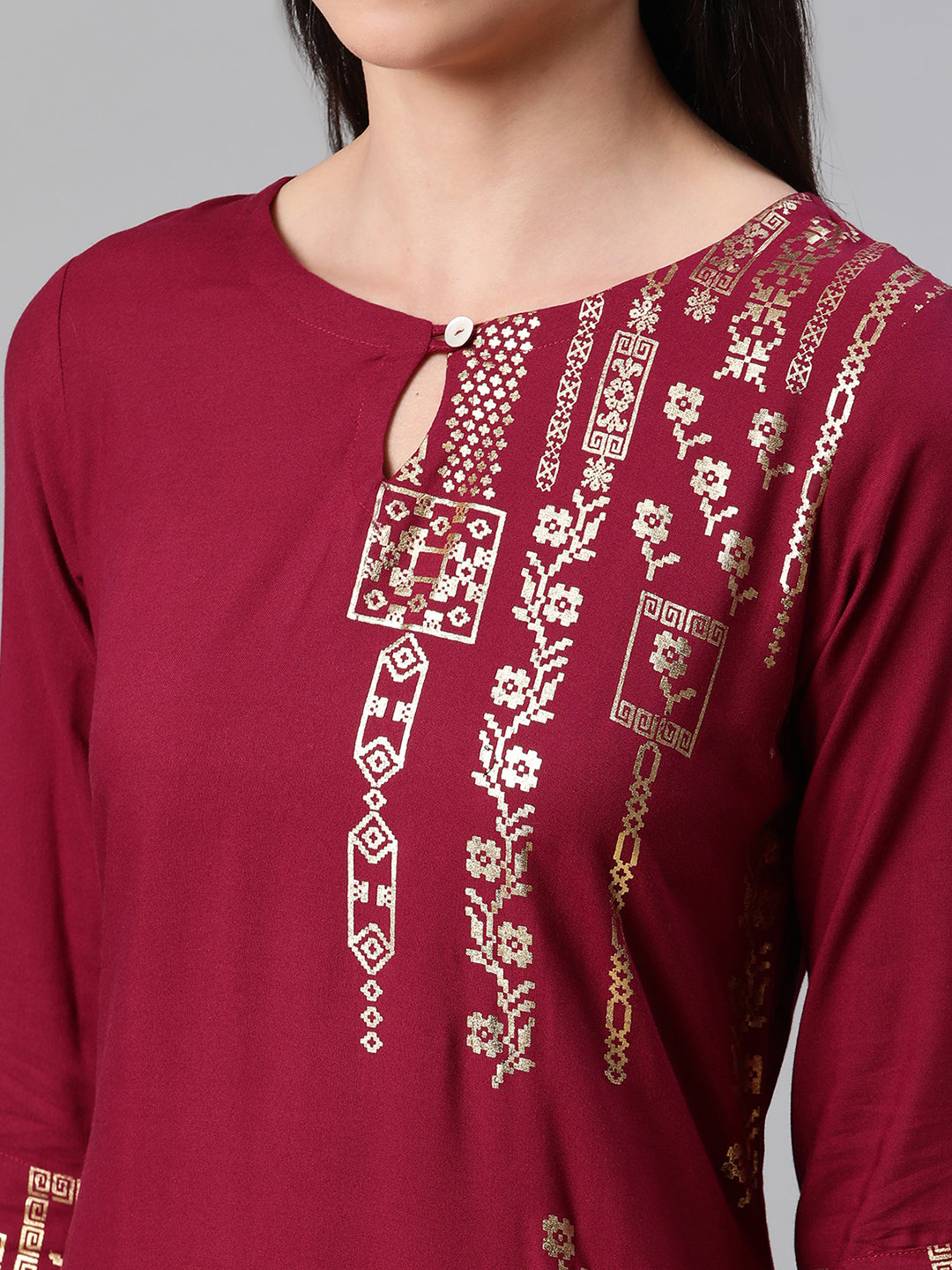 Maroon and White Rayon Kurti Set | Designer Foil Print with Pants