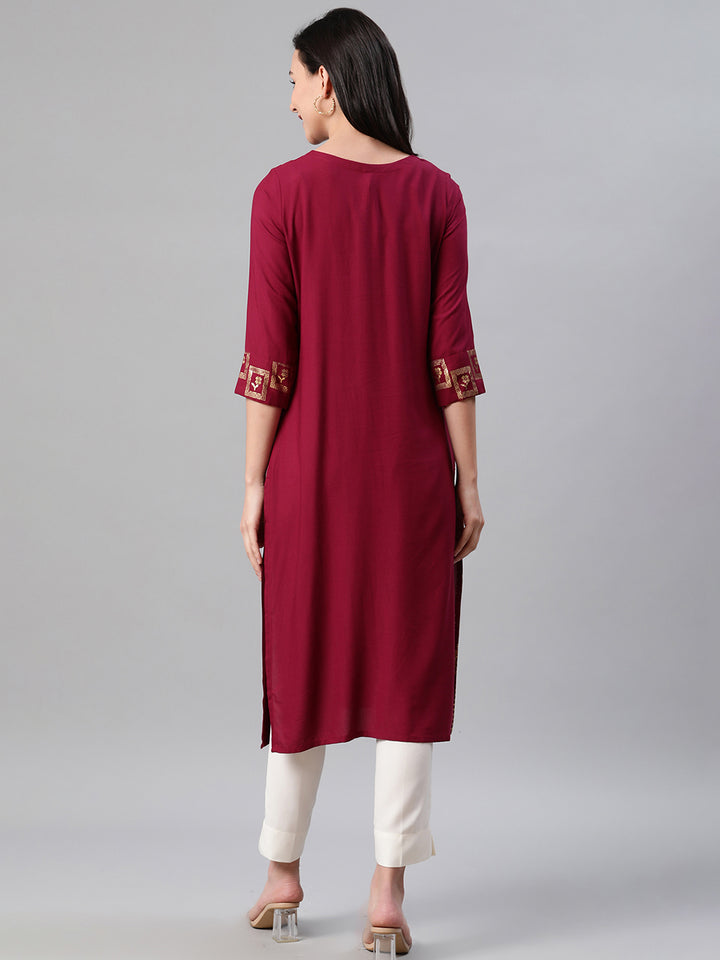 Maroon and White Rayon Kurti Set | Designer Foil Print with Pants