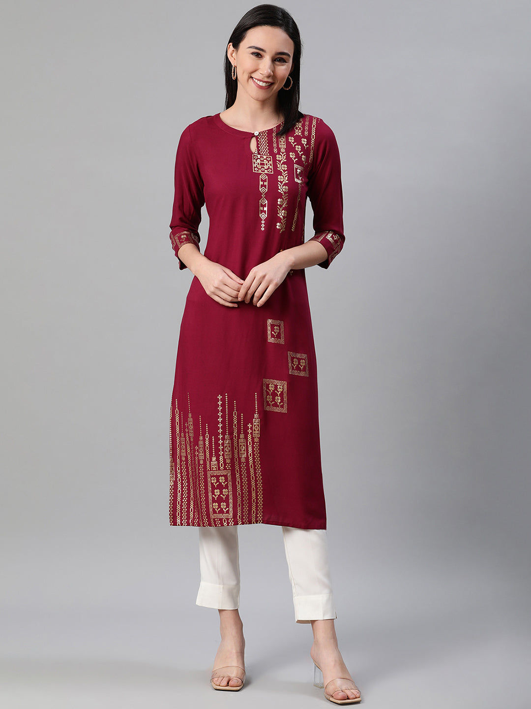 Maroon and White Rayon Kurti Set | Designer Foil Print with Pants