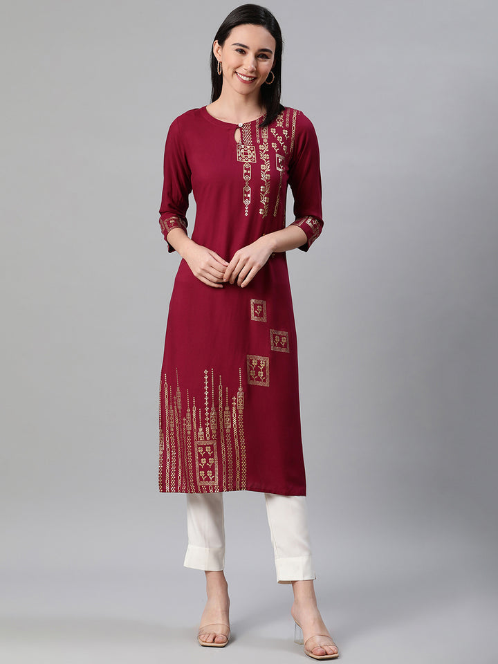 Maroon and White Rayon Kurti Set | Designer Foil Print with Pants