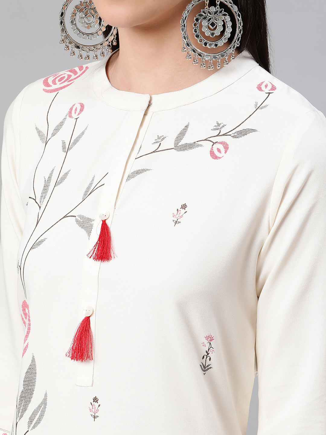 Cream Rayon Kurti Set | Designer Foil Print with Matching Pants