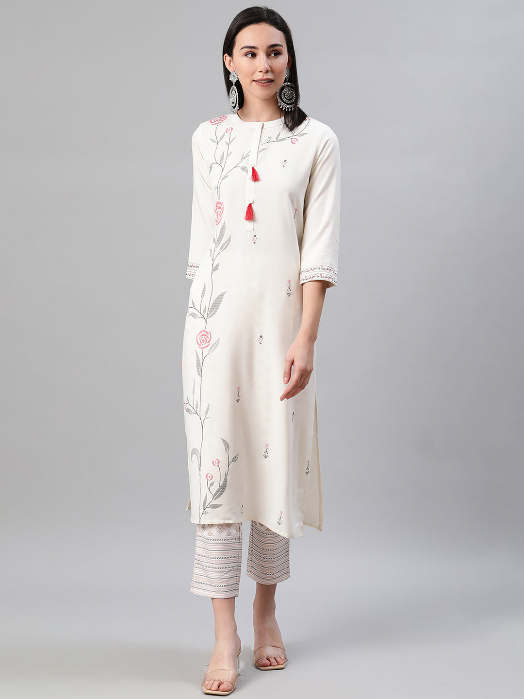 Cream Rayon Kurti Set | Designer Foil Print with Matching Pants