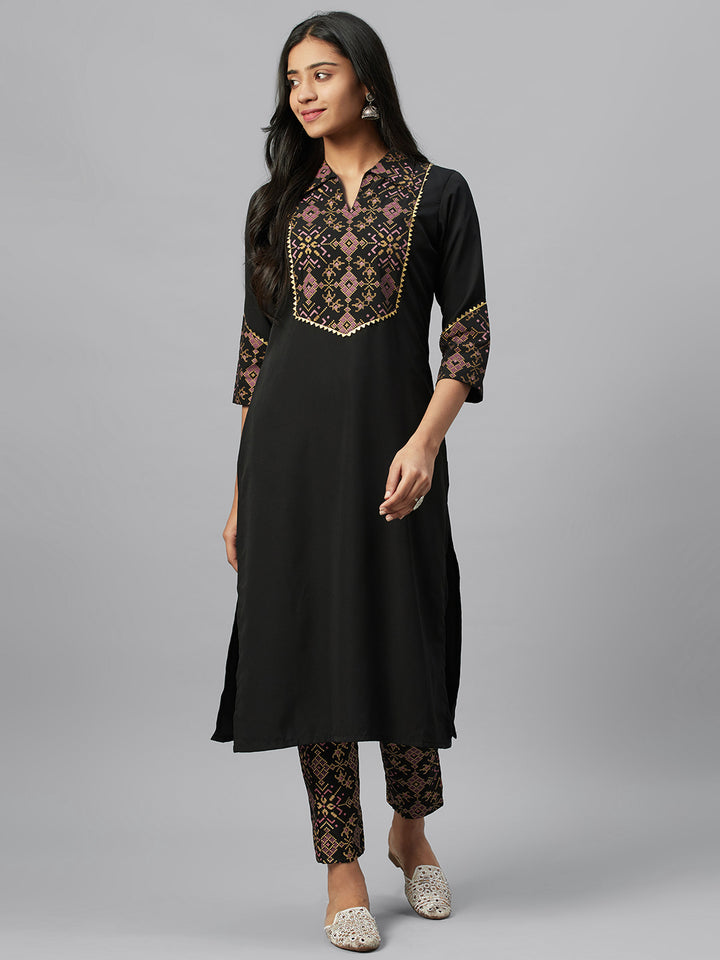 Black Crepe Kurti | Ethnic Motifs Foil Printed Long Kurti for Women