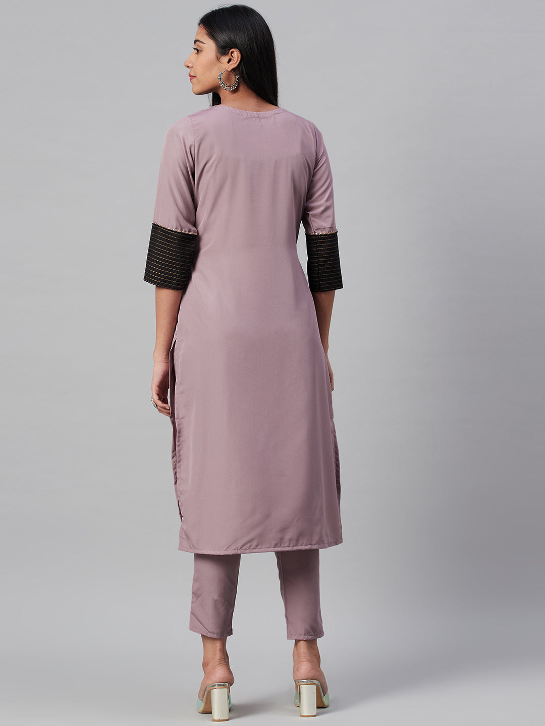 Dusty Pink Crepe Kurti | Ethnic Motifs Foil Printed Long Kurti for Women