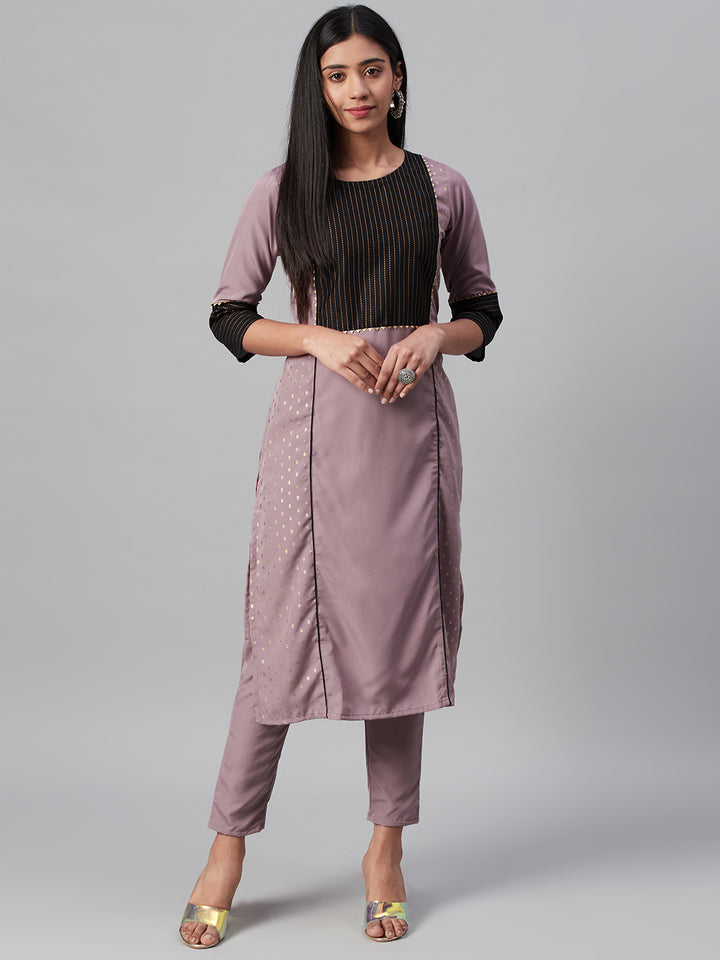 Dusty Pink Crepe Kurti | Ethnic Motifs Foil Printed Long Kurti for Women