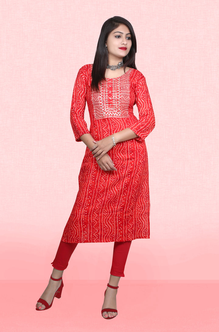 Bandhani Printed Rayon Kurti | Designer Embroidery Work for Women