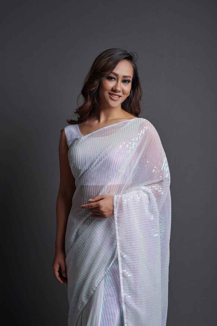 Designer Georgette Saree with Banglori Silk Blouse | Embroidered Sequins for Weddings, Parties, and Traditional Events