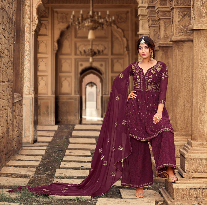 Designer Wine Georgette Semi Stitched Sharara Suit | Heavy Embroidery Work