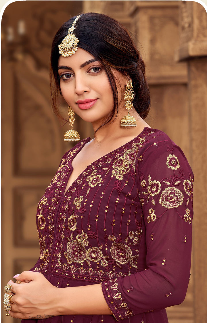 Designer Wine Georgette Semi Stitched Sharara Suit | Heavy Embroidery Work