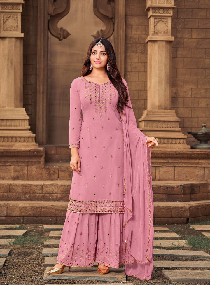 Designer Pink Georgette Semi Stitched Sharara Suit | Heavy Embroidery & Stone Work