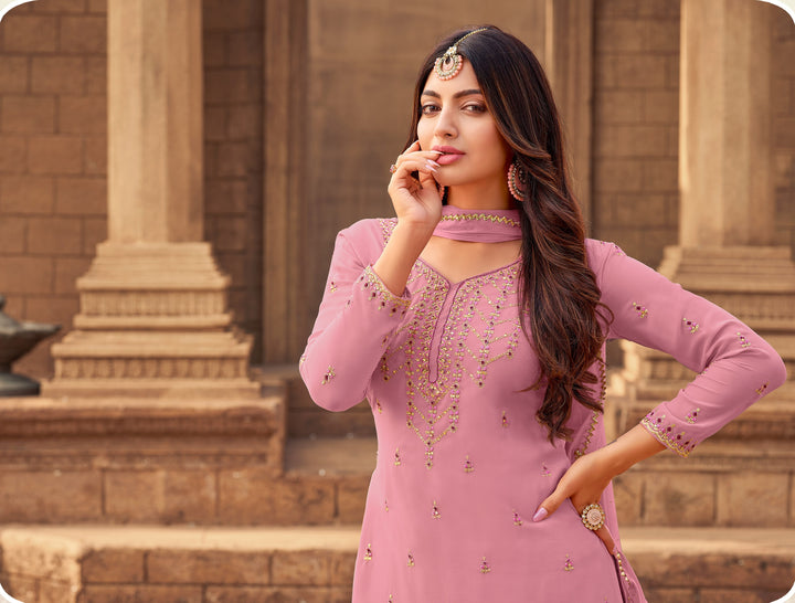 Designer Pink Georgette Semi Stitched Sharara Suit | Heavy Embroidery & Stone Work