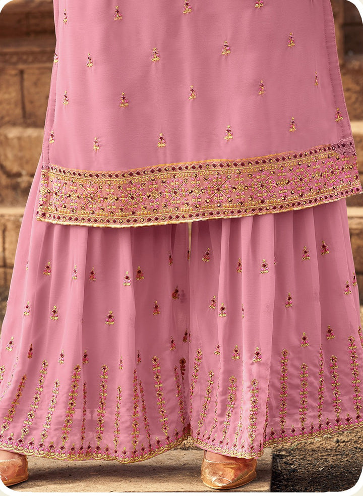 Designer Pink Georgette Semi Stitched Sharara Suit | Heavy Embroidery & Stone Work