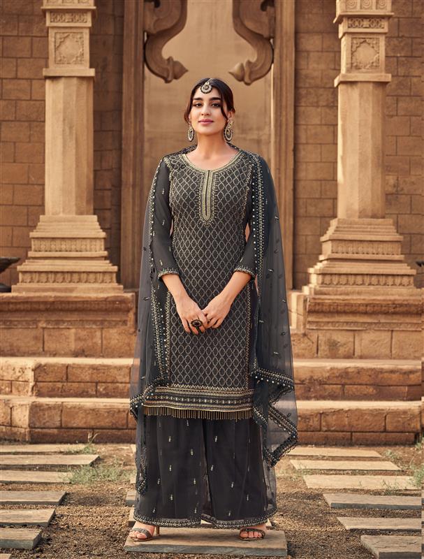 Gray Georgette Semi Stitched Sharara Suit | Heavy Embroidery Work