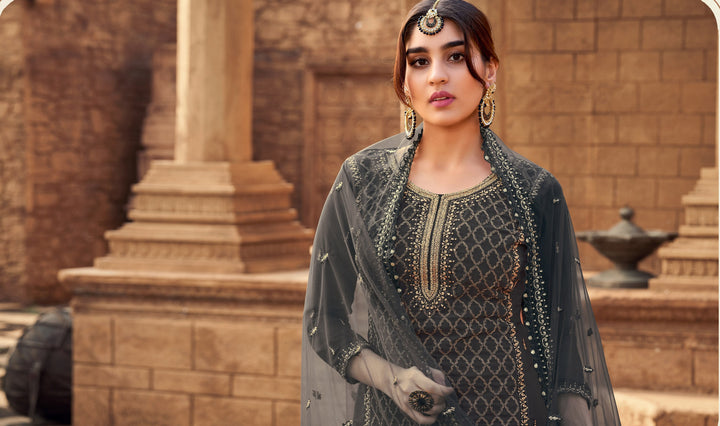 Gray Georgette Semi Stitched Sharara Suit | Heavy Embroidery Work