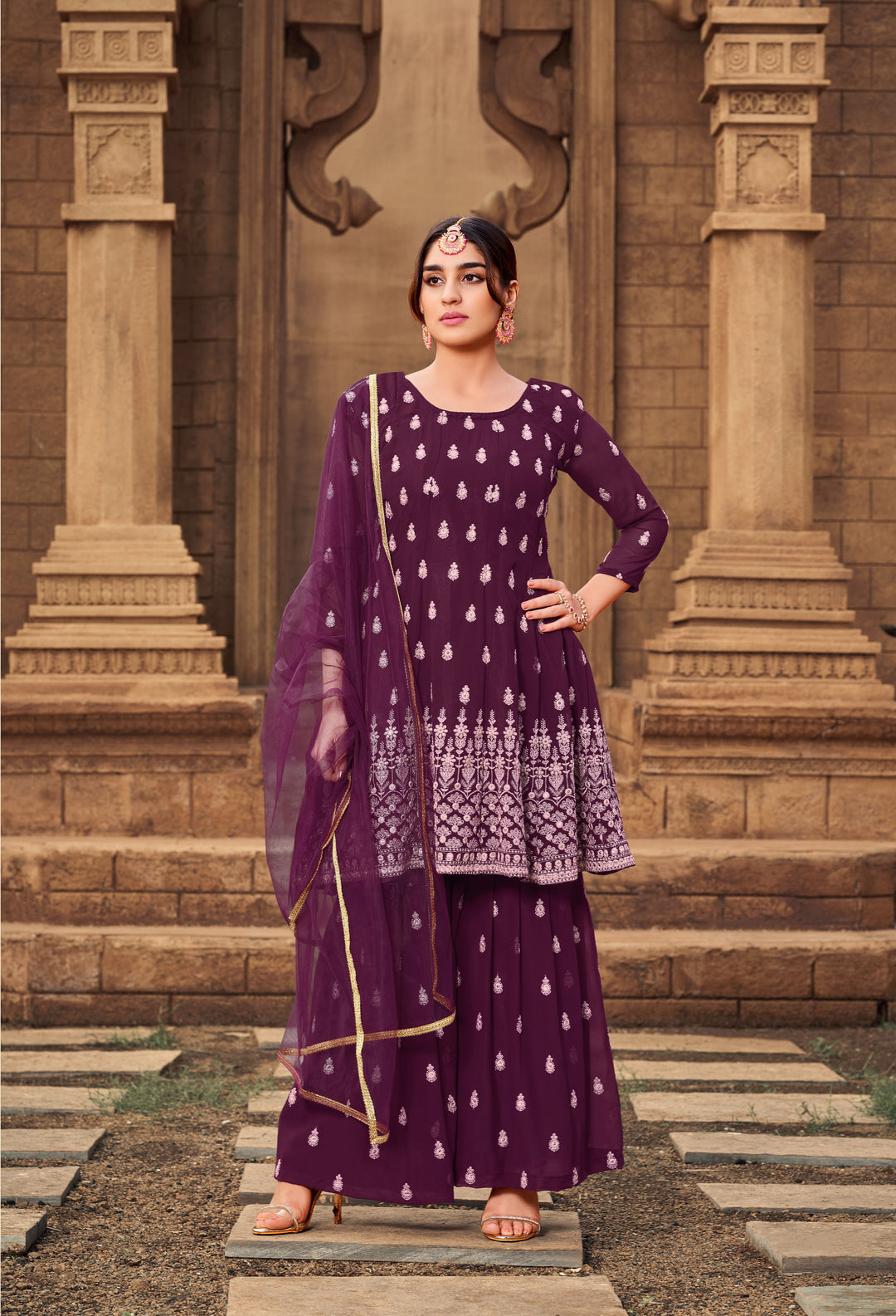 Elegant Purple Georgette Sharara Suit | Designer Embroidery & Butterfly Net Dupatta