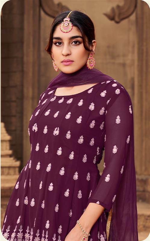 Elegant Purple Georgette Sharara Suit | Designer Embroidery & Butterfly Net Dupatta