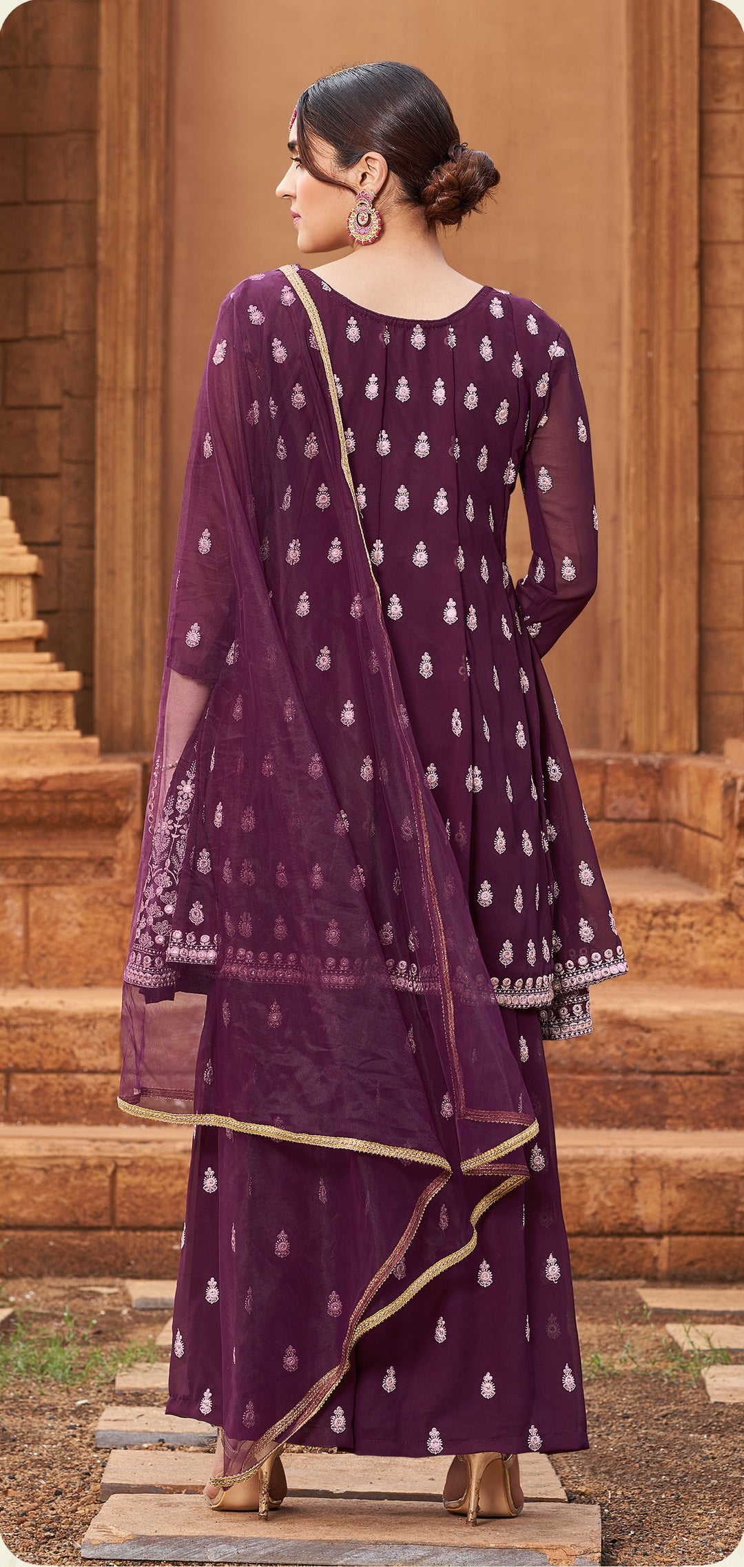 Elegant Purple Georgette Sharara Suit | Designer Embroidery & Butterfly Net Dupatta