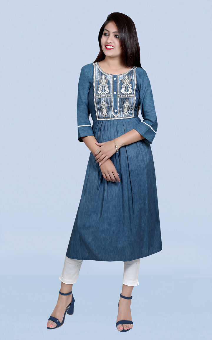 Blue Embroidered Kurti | Designer Liquid Fabric Readymade Kurta