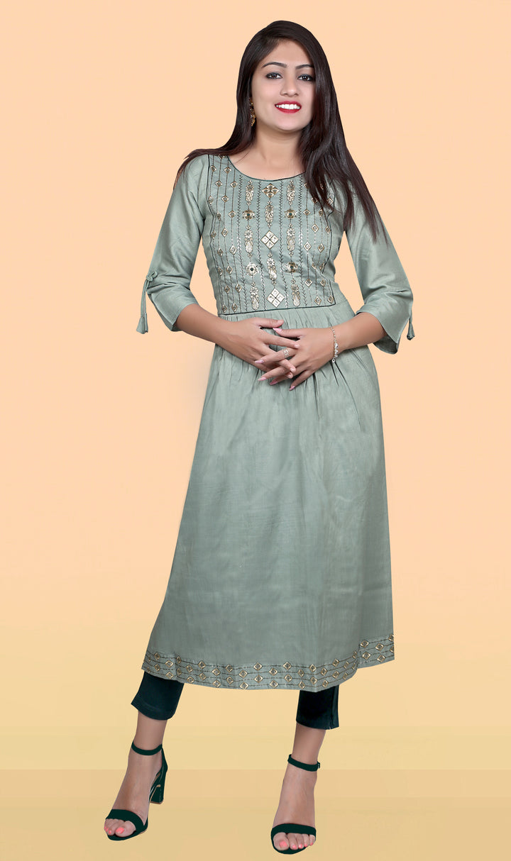 Grey Satin Silk Kurti | Designer Embroidery Work for Women