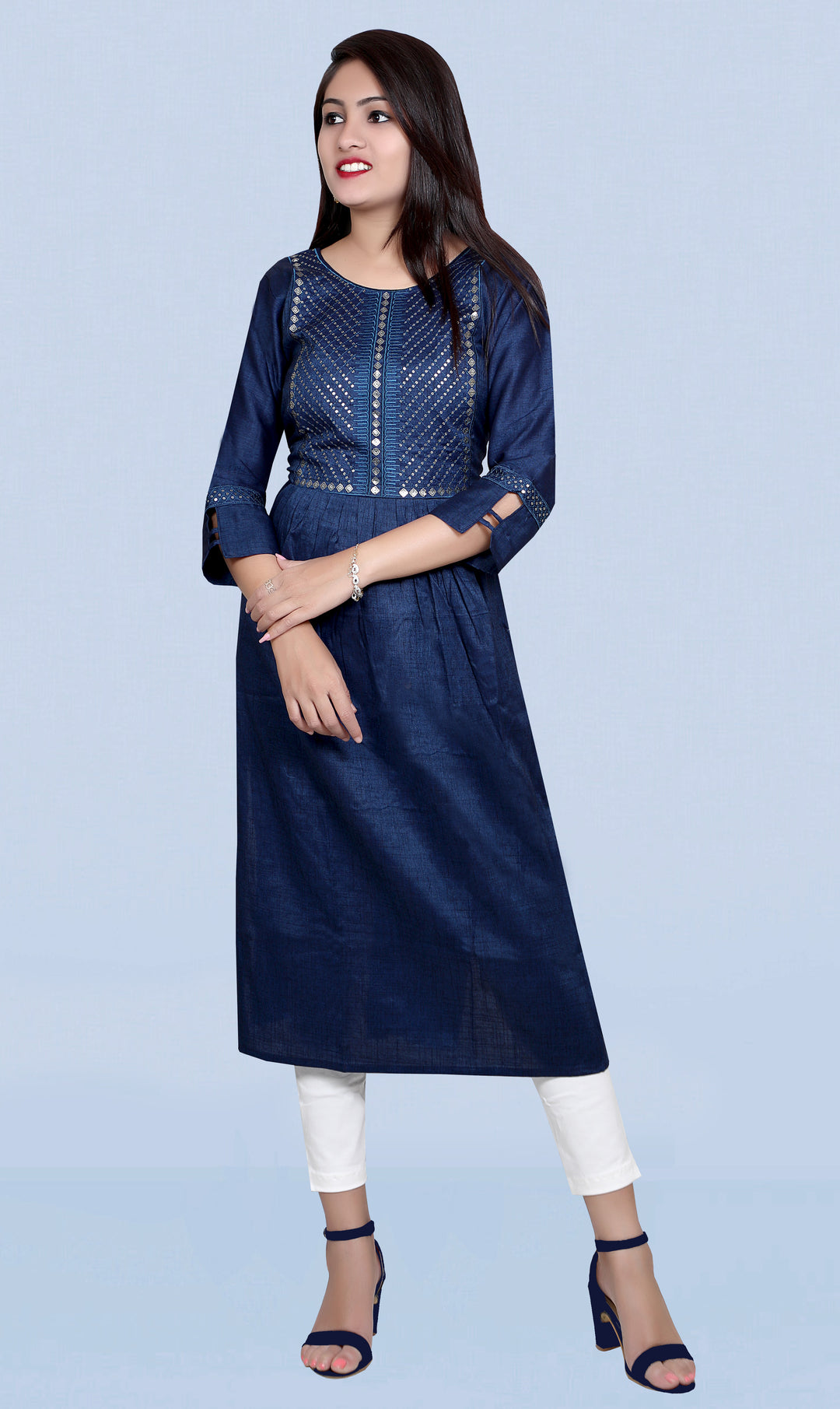 Navy Blue Satin Silk Kurti | Designer Embroidery Work for Women