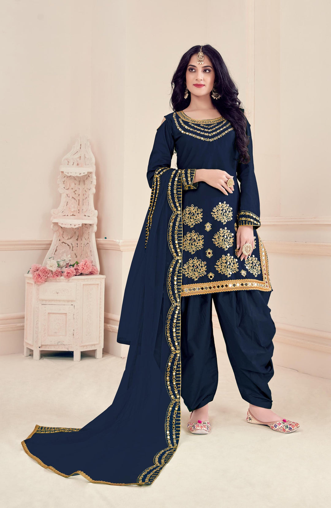 Designer Bitalian Soft Silk Patiala Suit | Net Dupatta with Real Mirror Embroidery