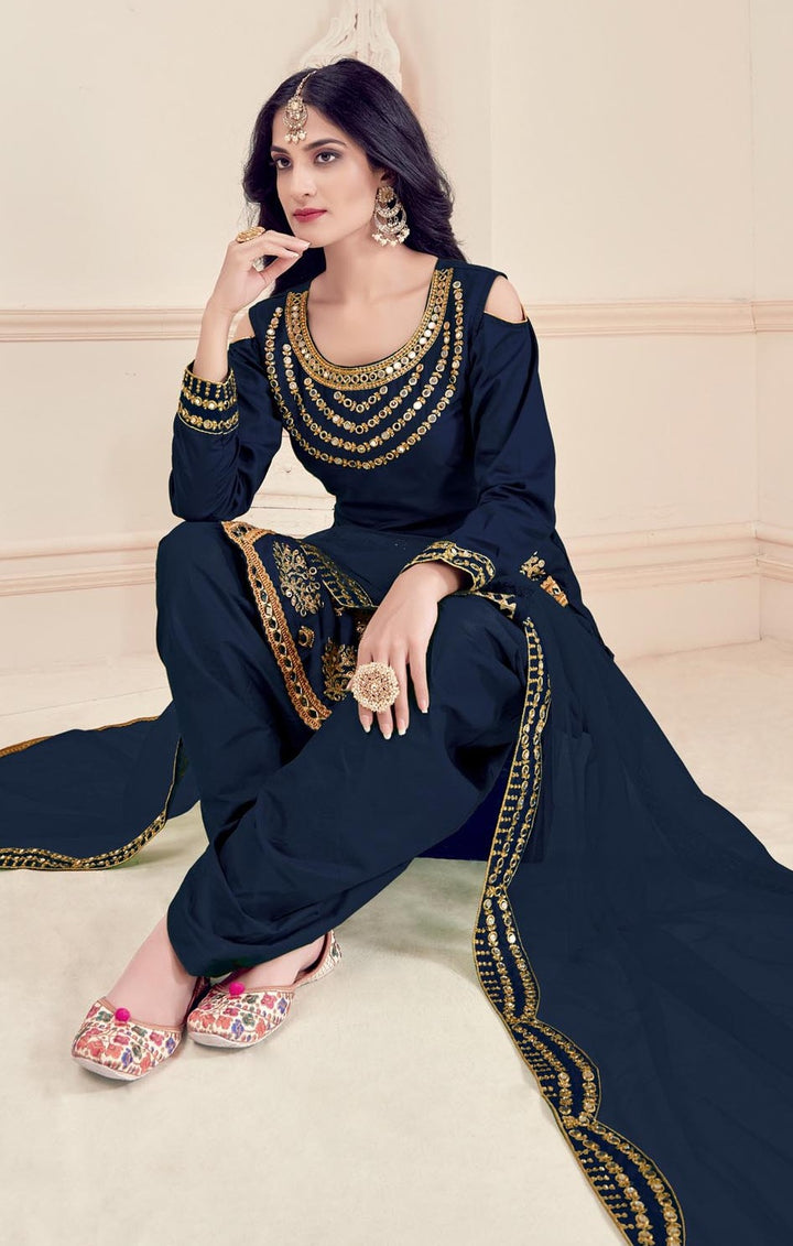 Designer Bitalian Soft Silk Patiala Suit | Net Dupatta with Real Mirror Embroidery