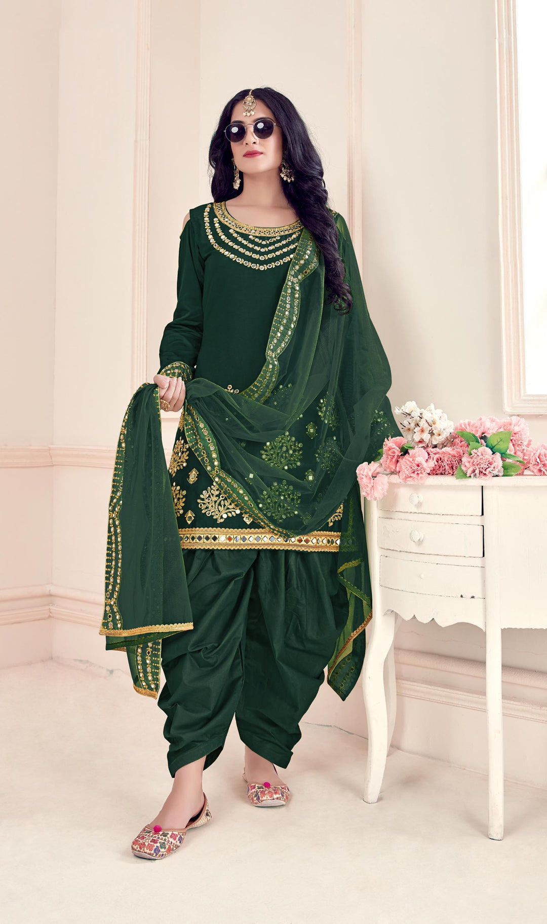 Designer Bitalian Soft Silk Patiala Suit | Net Dupatta with Real Mirror Embroidery