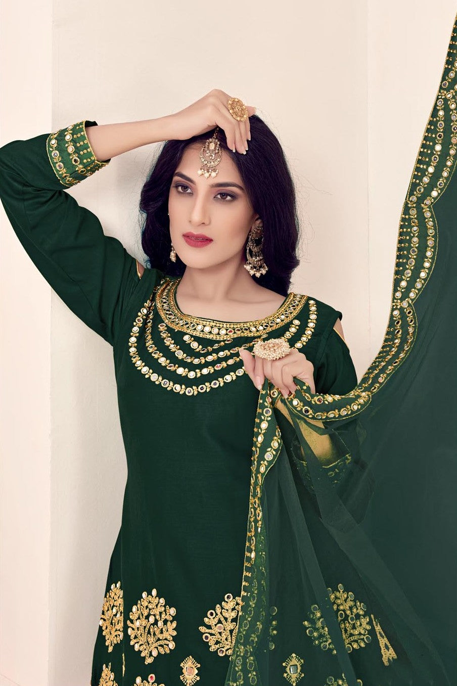 Designer Bitalian Soft Silk Patiala Suit | Net Dupatta with Real Mirror Embroidery