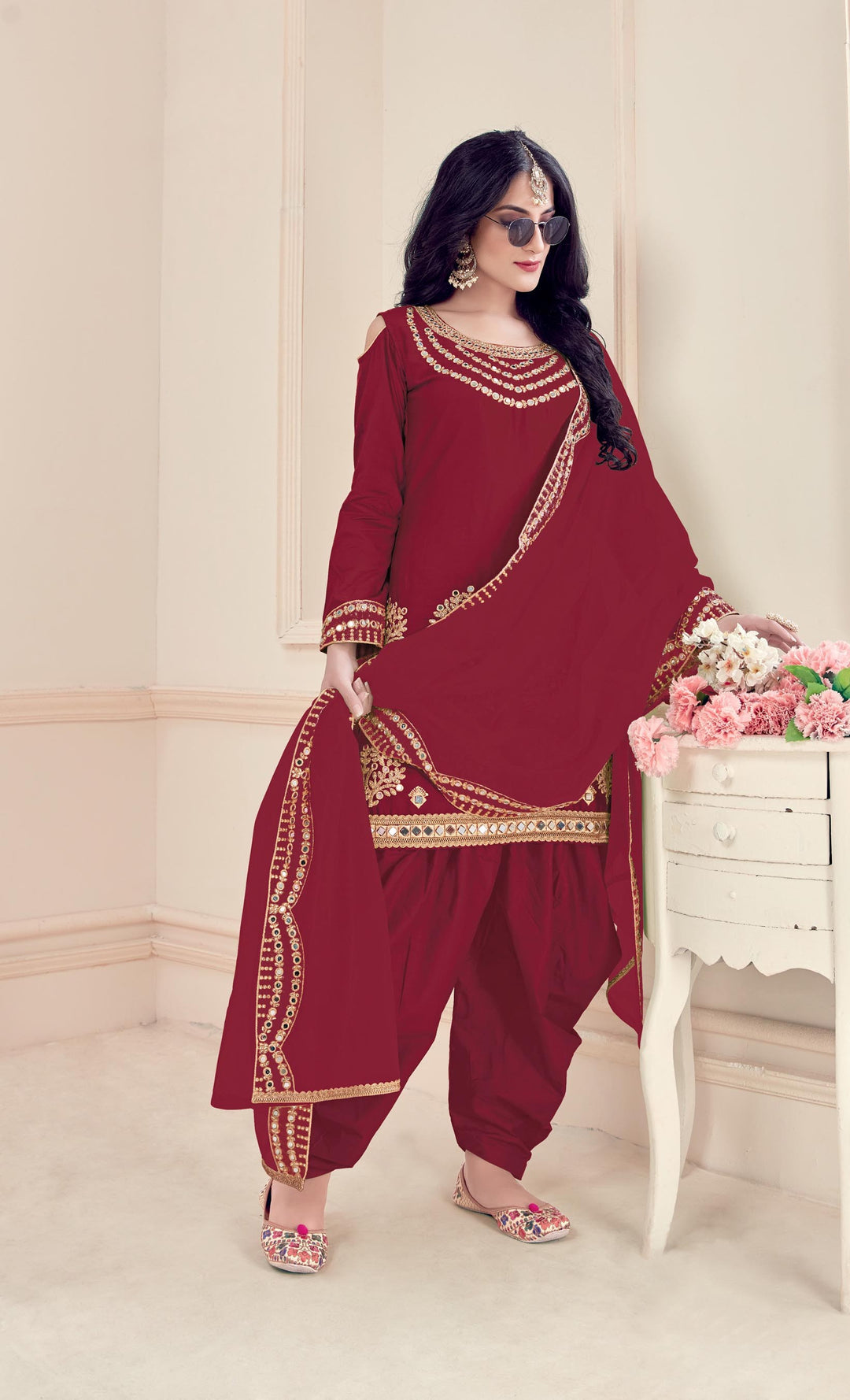 Designer Bitalian Soft Silk Patiala Suit | Net Dupatta with Real Mirror Embroidery