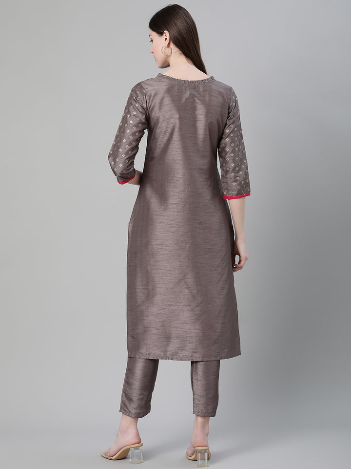 Designer Foil Printed Grey Kurti | Poly Silk Women’s Ethnic Wear