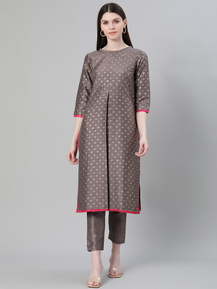 Designer Foil Printed Grey Kurti | Poly Silk Women’s Ethnic Wear