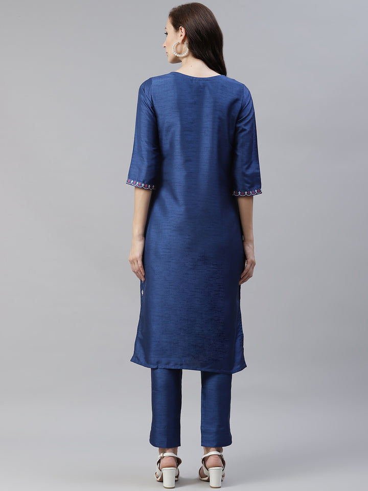 Dark Blue Poly Silk Kurti Set | Designer Foil Printed with Matching Bottom