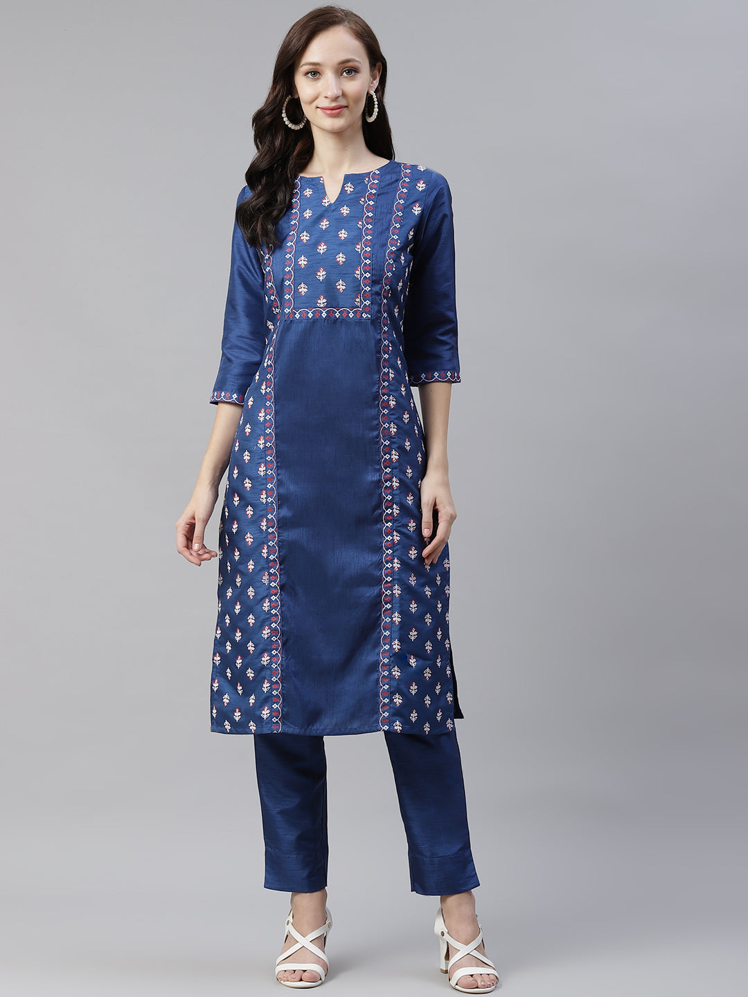 Dark Blue Poly Silk Kurti Set | Designer Foil Printed with Matching Bottom