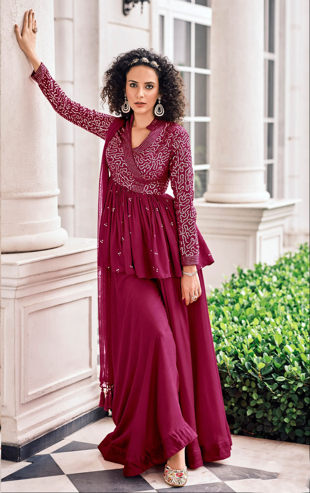 Designer Burgundy Sharara Suit with Heavy Embroidery | for special occasions