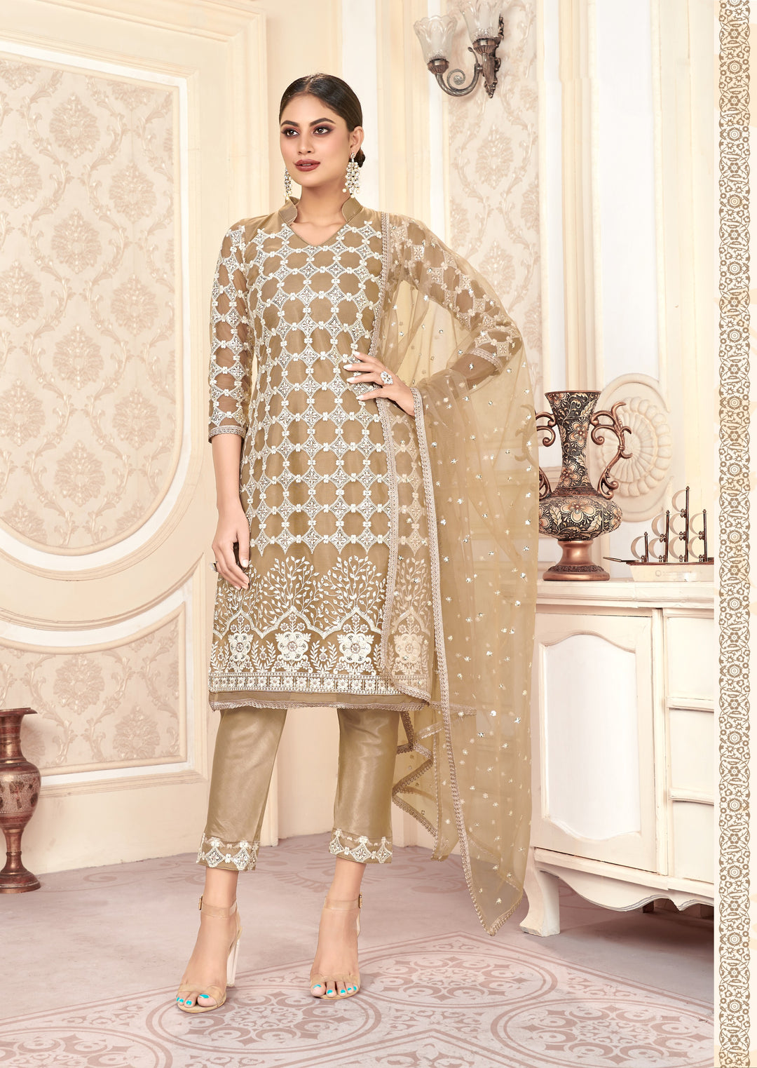 Elegant Beige Butterfly Net Straight salwar Suit with Heavy Embroidery | festive wear