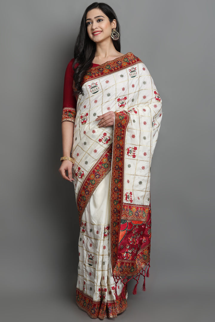 Saree with Heavy Embroidery | Soft-Silk Fabric | Satin-Silk Blouse | Wedding & Festive