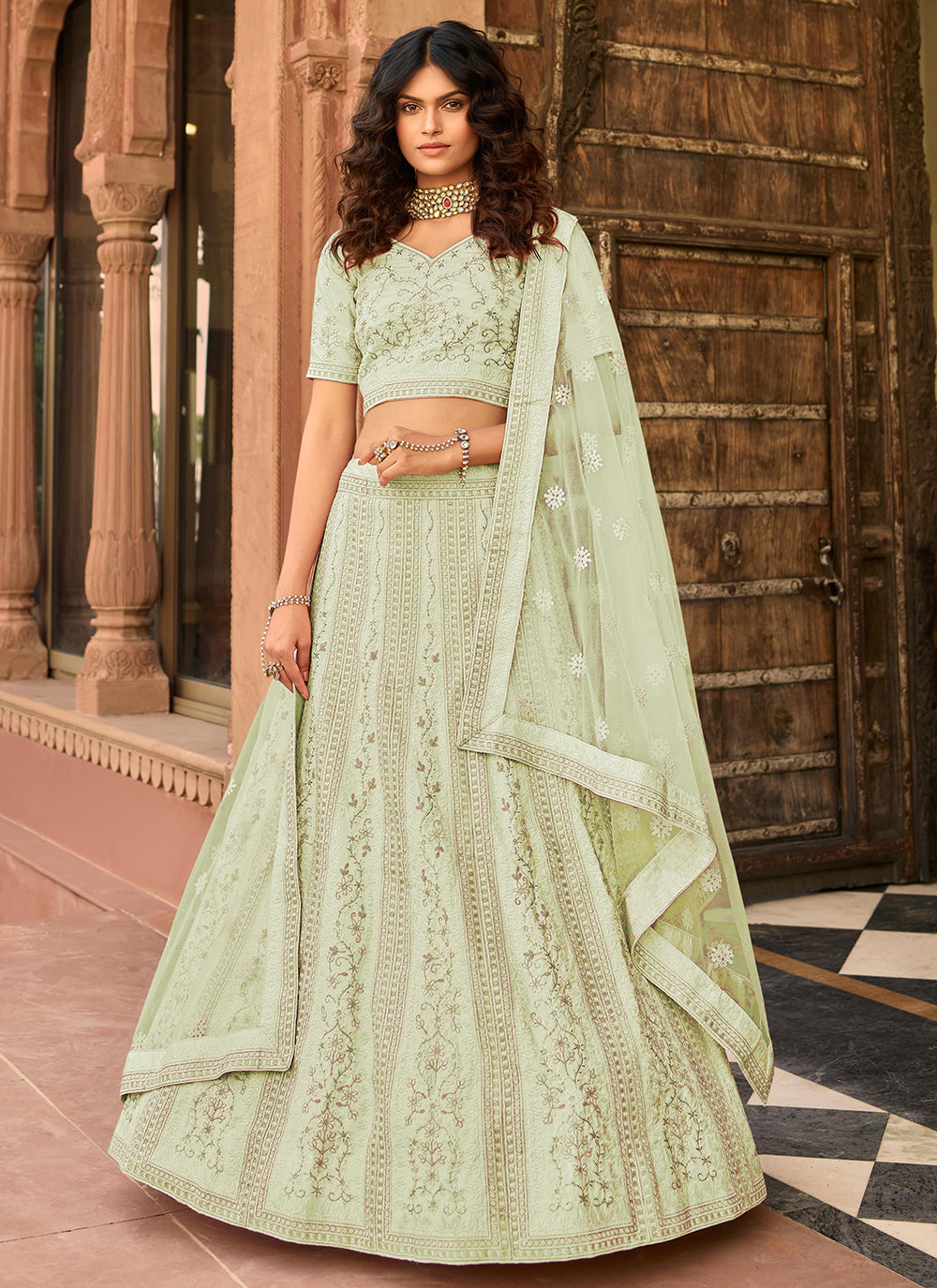 Satin Lehenga with Organza Bottom | Thread, Jari & Sequins Embroidery | Bridal